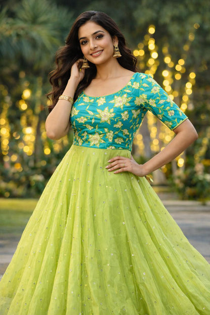 Mehfil Bloom Lehenga Set – Turquoise & Lime RadianceMehfil Bloom Lehenga Set – M , L, Xl & XXL Sizes Available