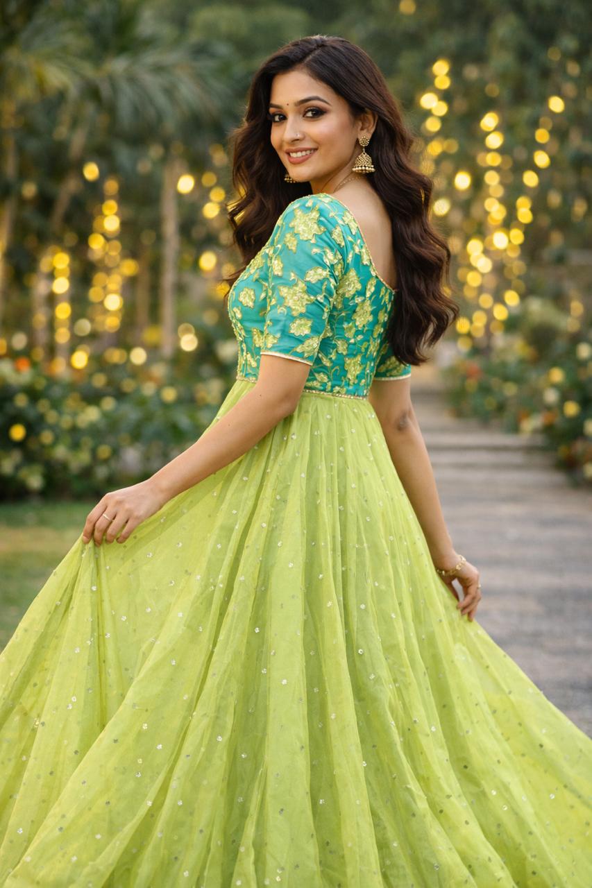 Mehfil Bloom Lehenga Set – Turquoise & Lime RadianceMehfil Bloom Lehenga Set – M , L, Xl & XXL Sizes Available
