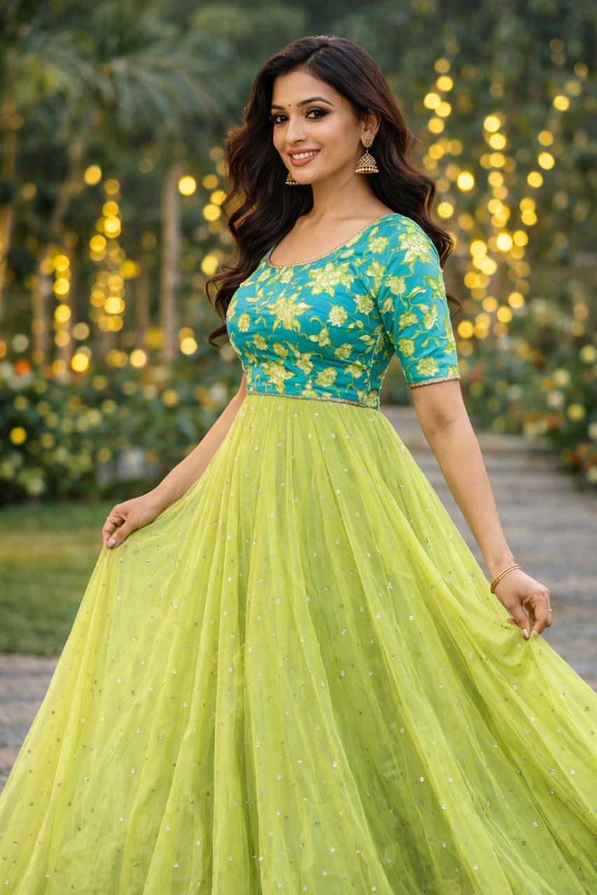 Mehfil Bloom Lehenga Set – Turquoise & Lime RadianceMehfil Bloom Lehenga Set – M , L, Xl & XXL Sizes Available
