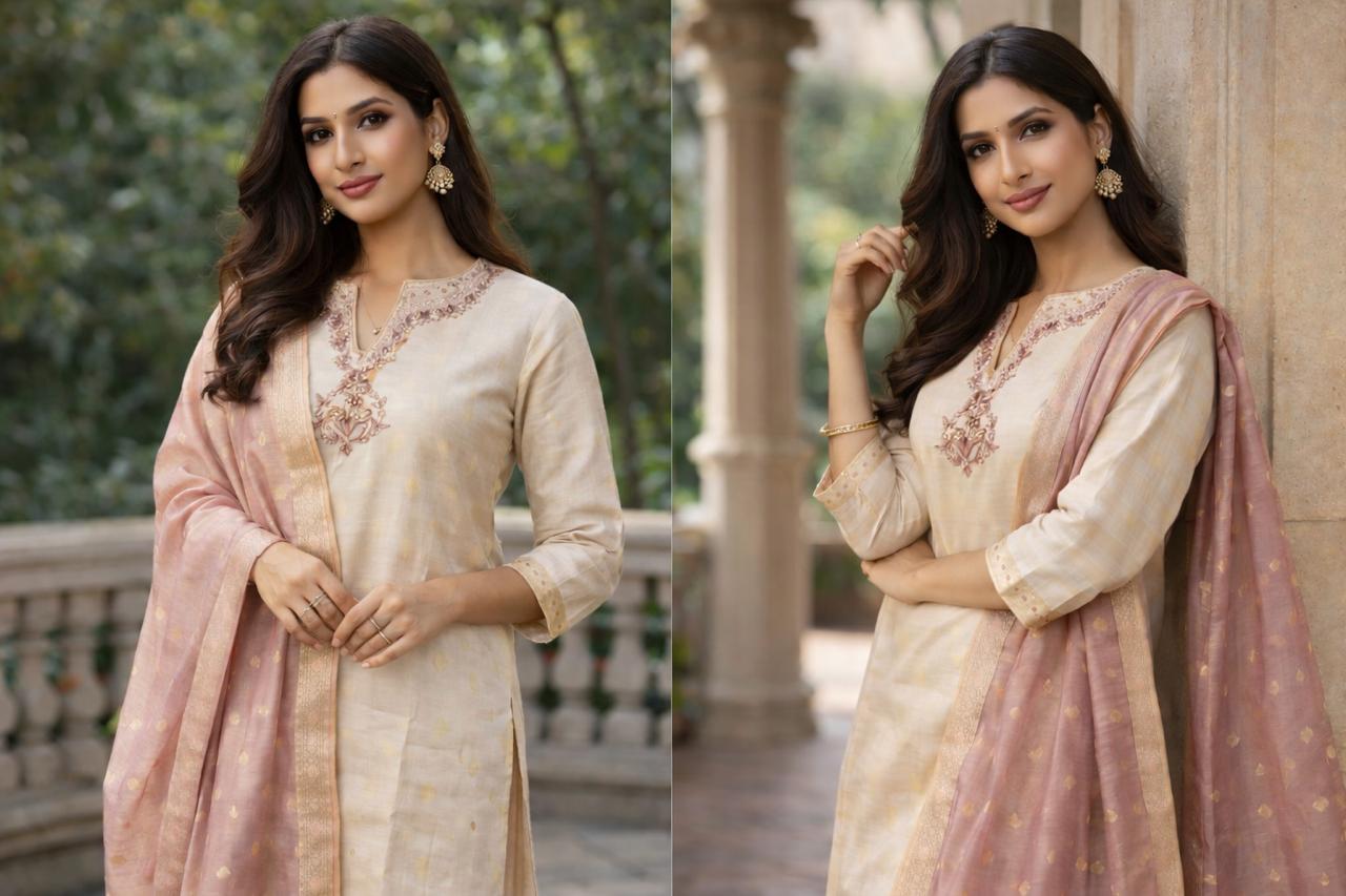 Rosewood Grace Crem colour Kurti Set – Cream & Blush Elegance