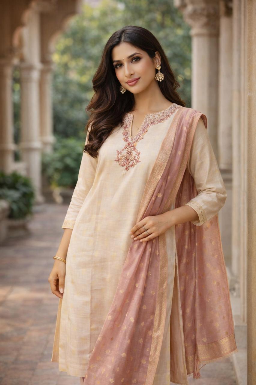 Rosewood Grace Crem colour Kurti Set – Cream & Blush Elegance