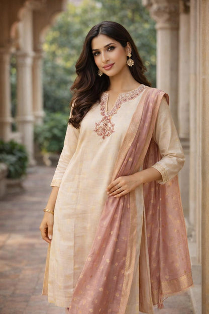 Rosewood Grace Crem colour Kurti Set – Cream & Blush Elegance