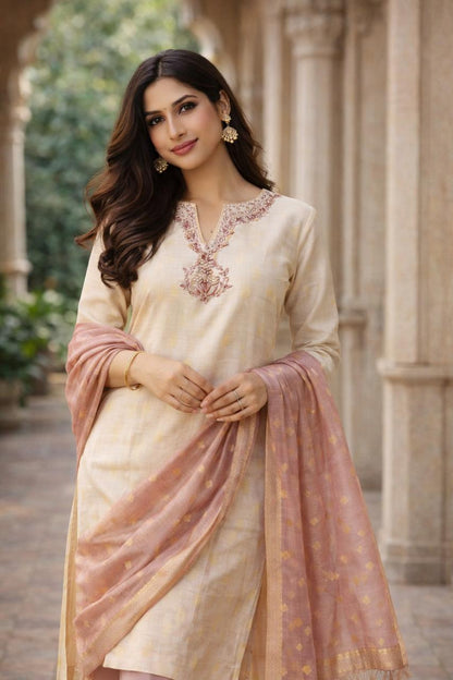 Rosewood Grace Crem colour Kurti Set – Cream & Blush Elegance
