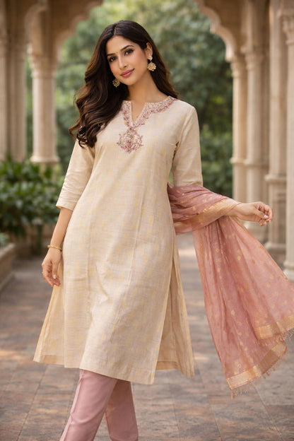 Rosewood Grace Crem colour Kurti Set – Cream & Blush Elegance