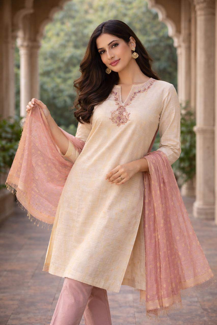 Rosewood Grace Crem colour Kurti Set – Cream & Blush Elegance