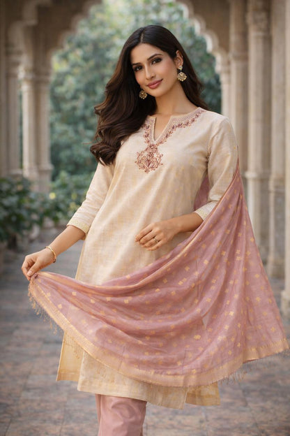 Rosewood Grace Crem colour Kurti Set – Cream & Blush Elegance