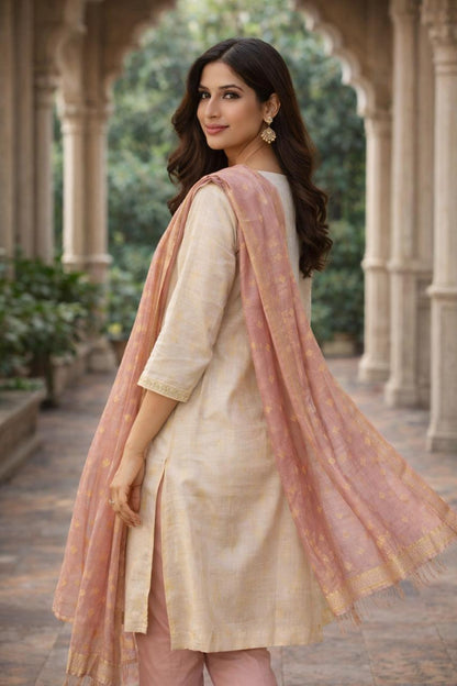 Rosewood Grace Crem colour Kurti Set – Cream & Blush Elegance