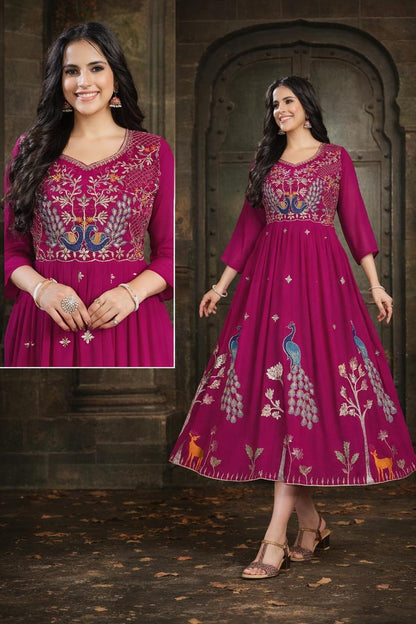 Peacock Garden Kurti – Magenta  M , L , XL & XXL