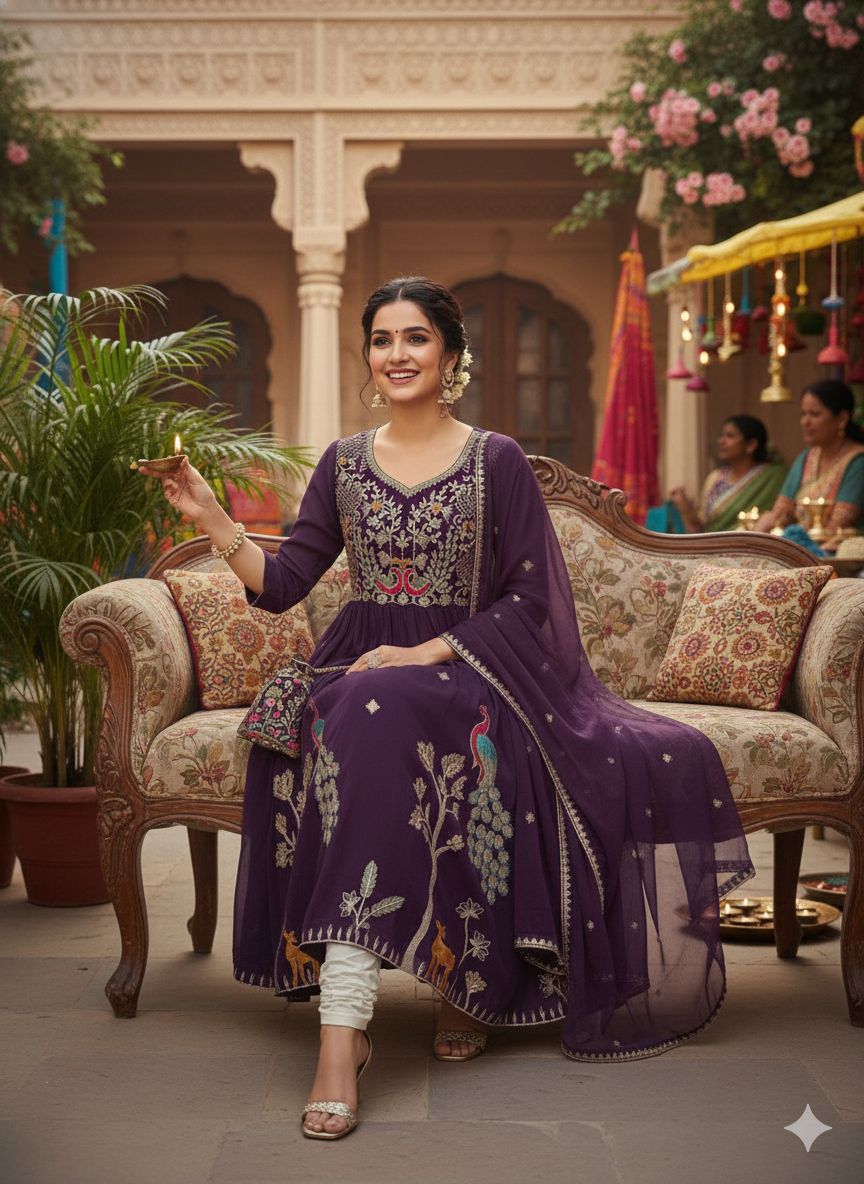 Royal Wilderness Anarkali – Deep Purple Elegance M , L , XL & XXL Sizes Available