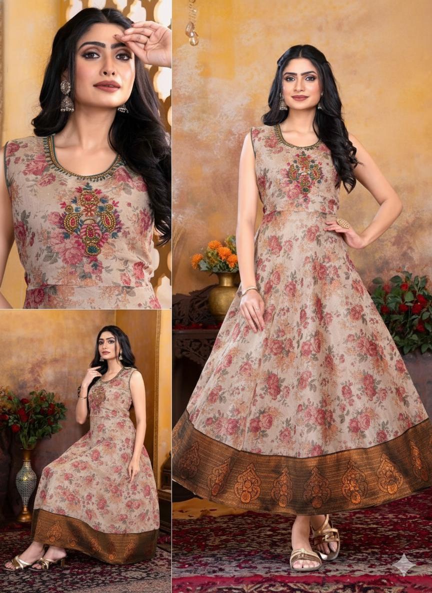 Vintage Bloom Kurti Top – Beige with Floral Charm - M , L , XL & XXL Sizes Available