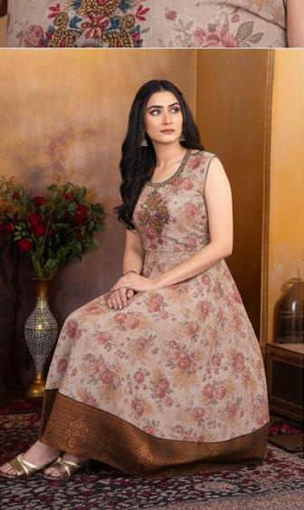 Vintage Bloom Kurti Top – Beige with Floral Charm - M , L , XL & XXL Sizes Available