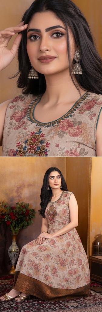 Vintage Bloom Kurti Top – Beige with Floral Charm - M , L , XL & XXL Sizes Available