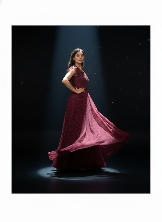 Elegant Wine Colour Embellished Floor-Length Gown – Sleeveless & Short Sleeve Variants - L Size is  Available