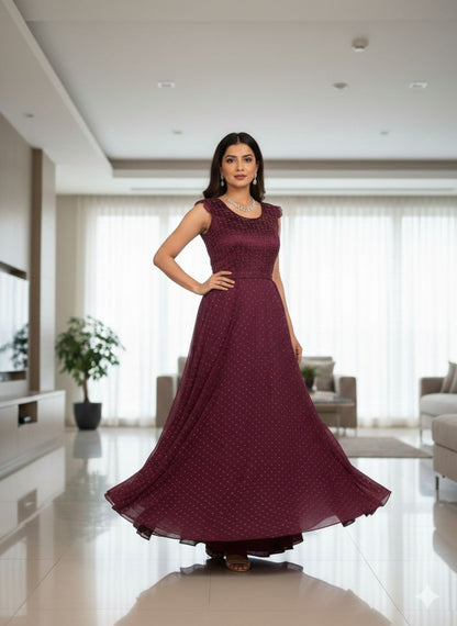 Elegant Wine Colour Embellished Floor-Length Gown – Sleeveless & Short Sleeve Variants - L Size is  Available