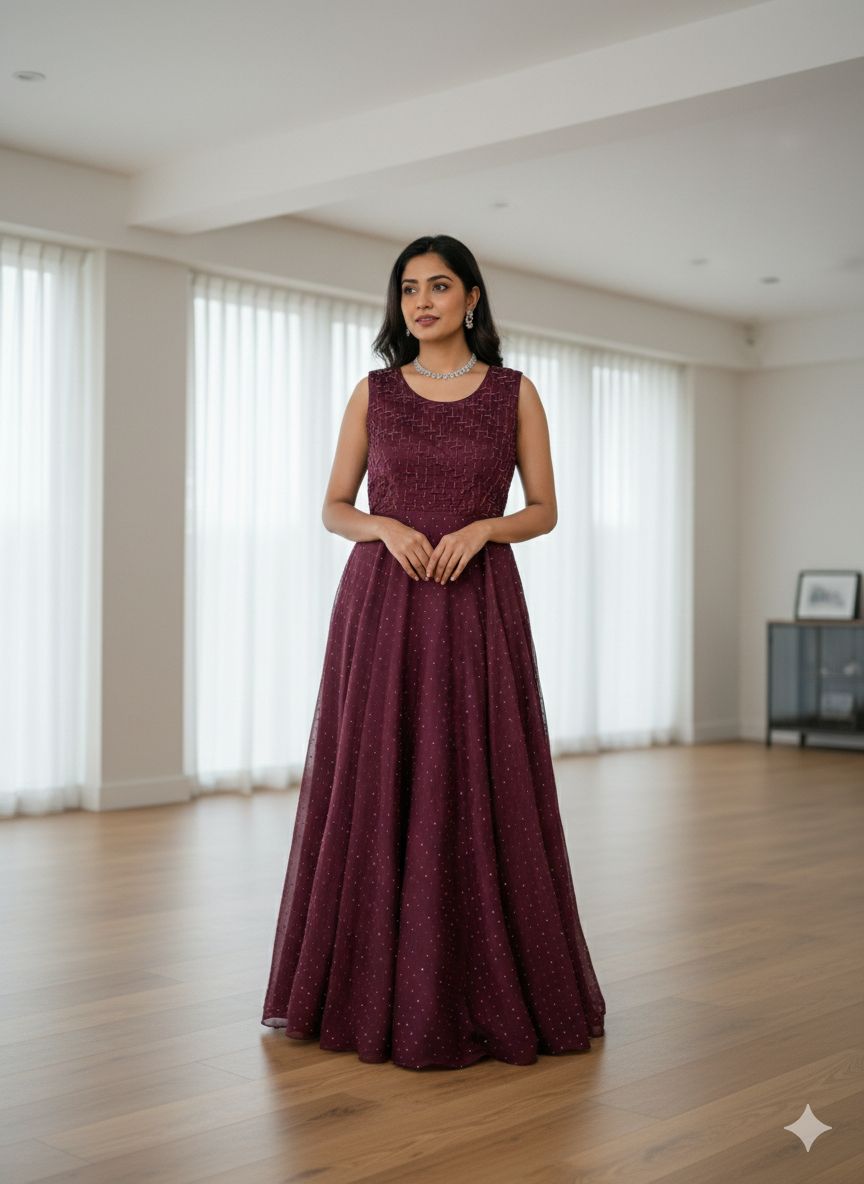 Elegant Wine Colour Embellished Floor-Length Gown – Sleeveless & Short Sleeve Variants - L Size is  Available