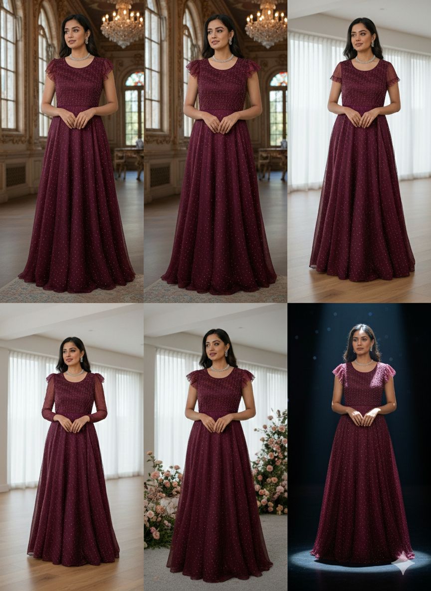 Elegant Wine Colour Embellished Floor-Length Gown – Sleeveless & Short Sleeve Variants - L Size is  Available