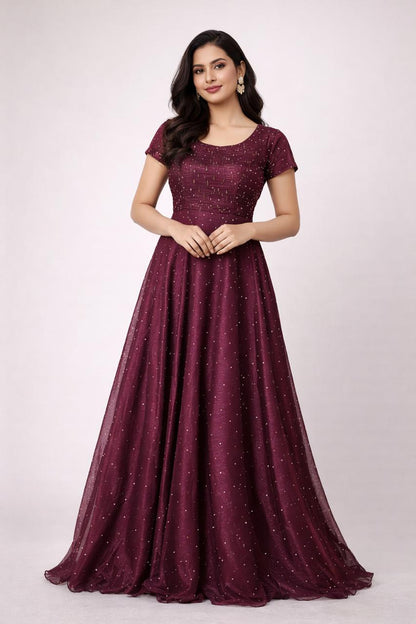 Elegant Wine Colour Embellished Floor-Length Gown – Sleeveless & Short Sleeve Variants - L Size is  Available