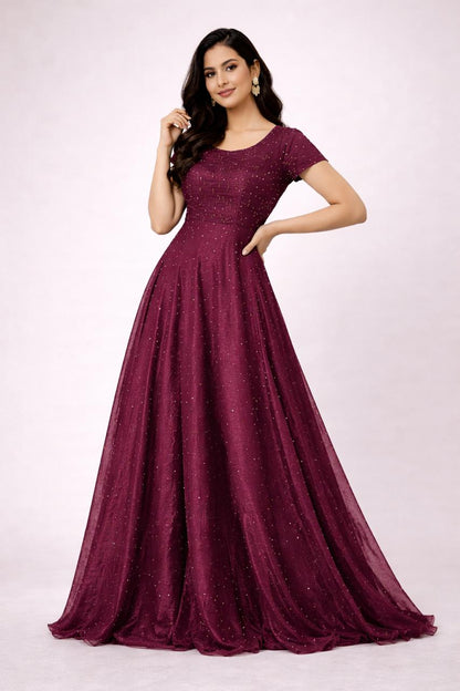 Elegant Wine Colour Embellished Floor-Length Gown – Sleeveless & Short Sleeve Variants - L Size is  Available