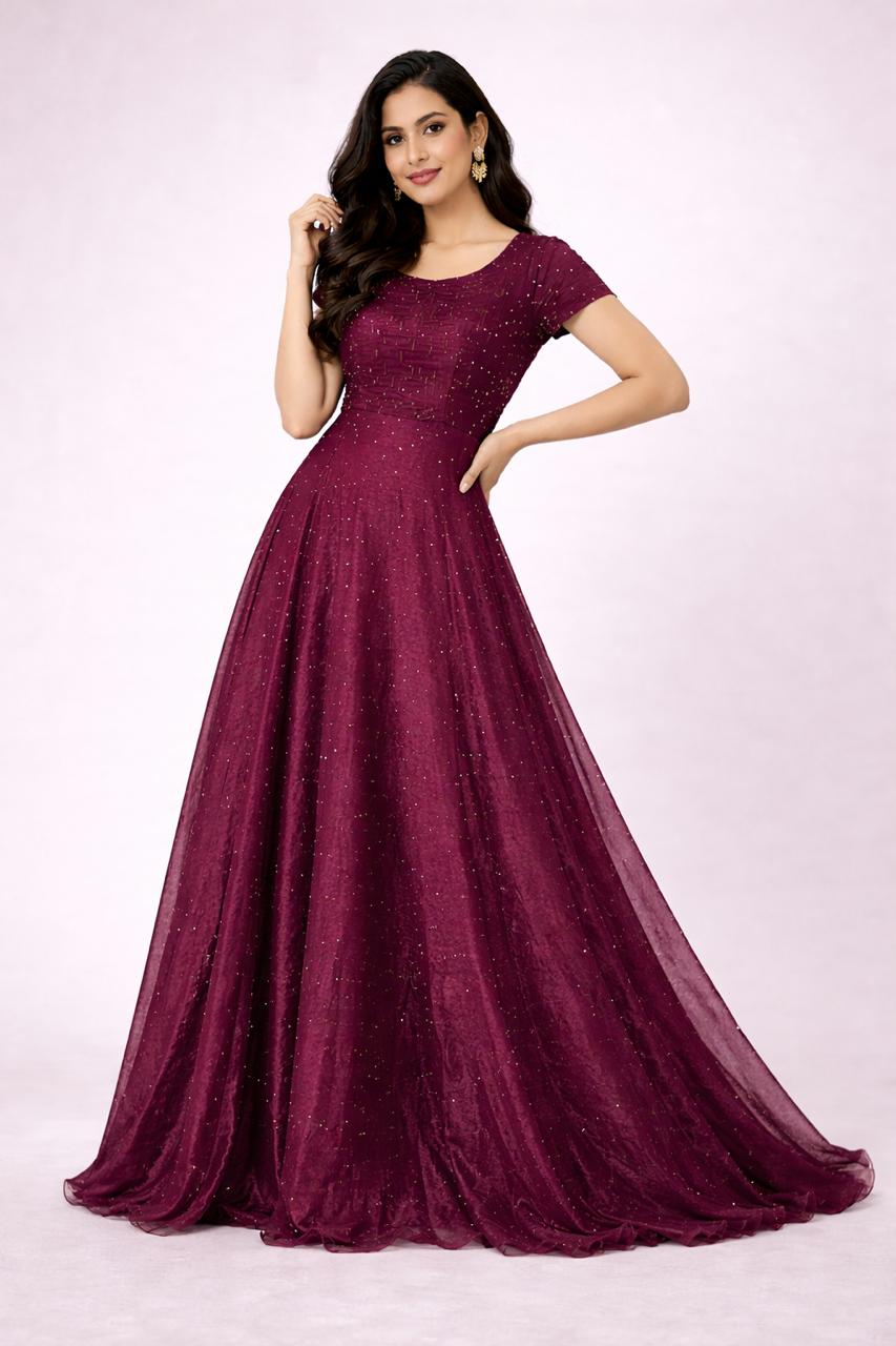 Elegant Wine Colour Embellished Floor-Length Gown – Sleeveless & Short Sleeve Variants - L Size is  Available