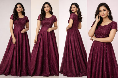 Elegant Wine Colour Embellished Floor-Length Gown – Sleeveless & Short Sleeve Variants - L Size is  Available