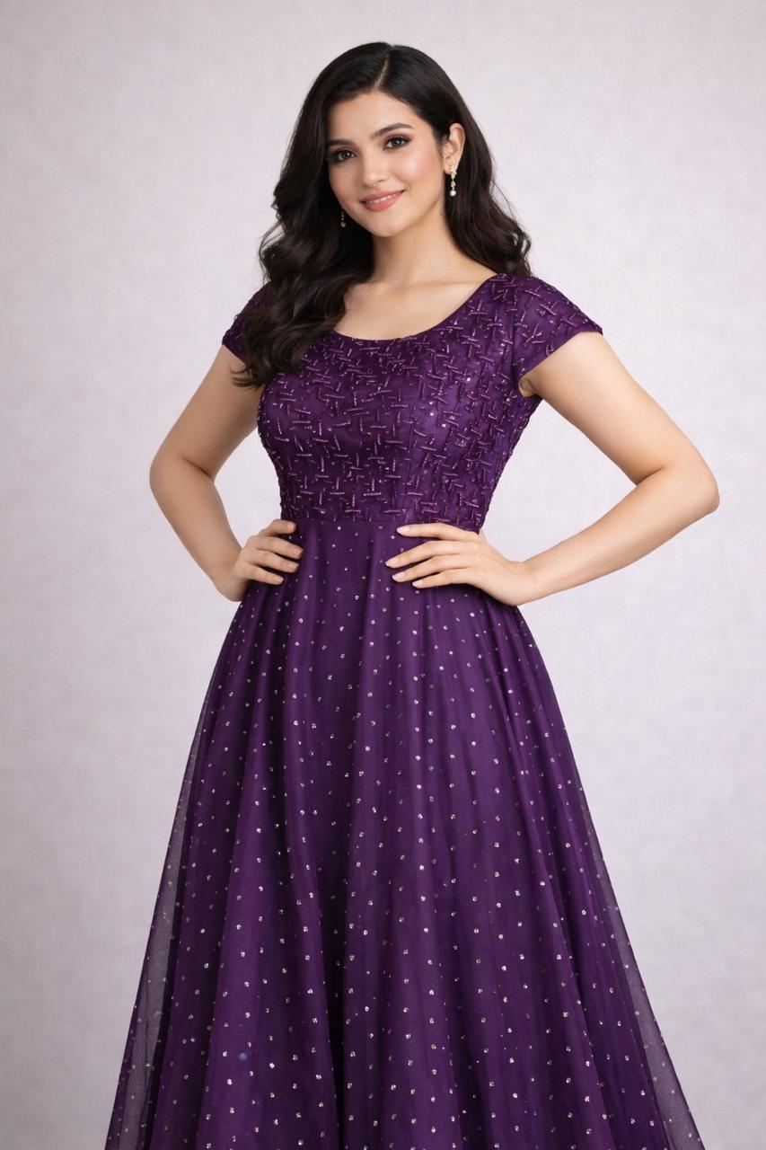 Elegant Maroon Embellished Floor-Length Gown – Sleeveless & Short Sleeve Variants - L Size is  Available (Copy)