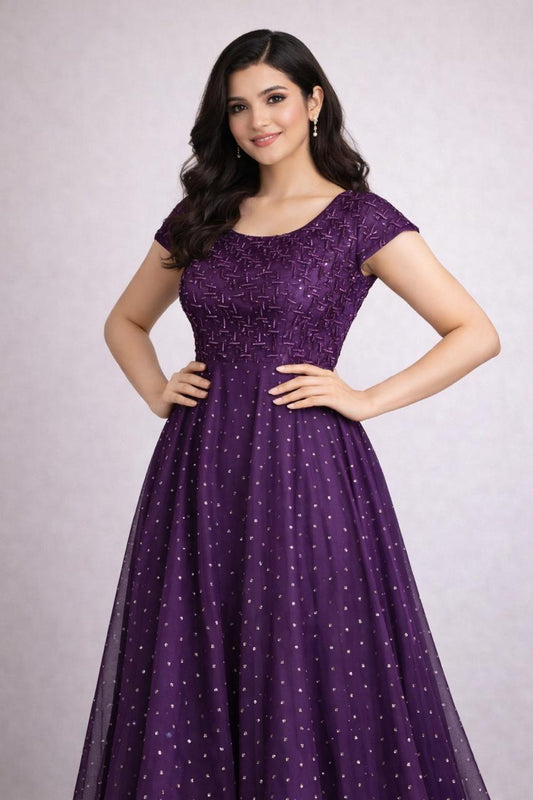 Elegant Maroon Embellished Floor-Length Gown – Sleeveless & Short Sleeve Variants - L Size is  Available (Copy)