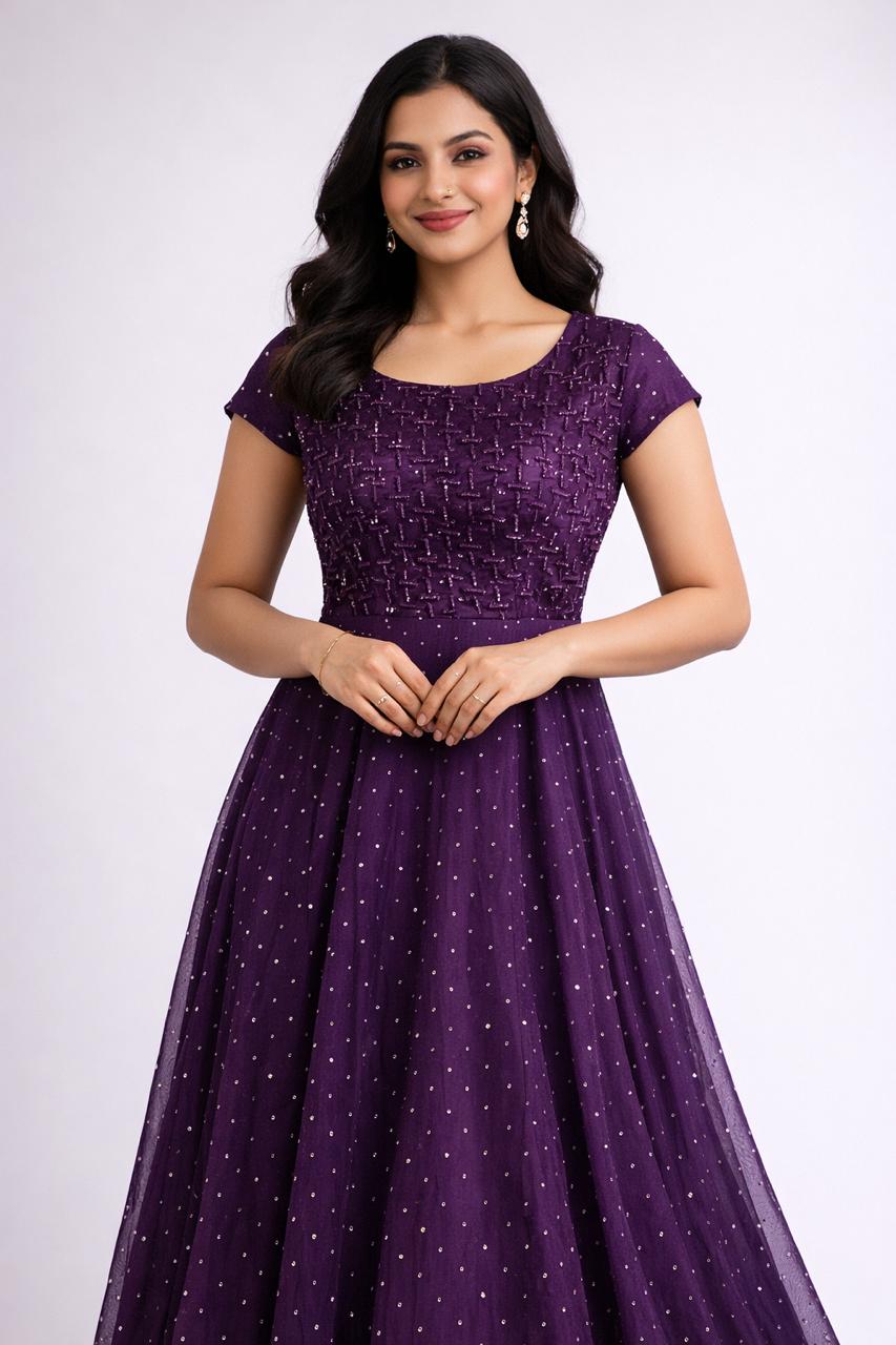 Elegant Maroon Embellished Floor-Length Gown – Sleeveless & Short Sleeve Variants - L Size is  Available (Copy)