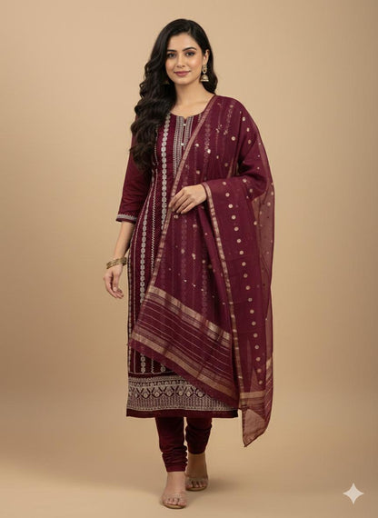 Elegant Maroon Embroidered Salwar Kameez Set with Gold Accents - M, L, XL & XXL Sizes Available