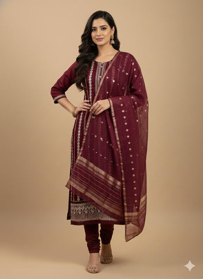 Elegant Maroon Embroidered Salwar Kameez Set with Gold Accents - M, L, XL & XXL Sizes Available