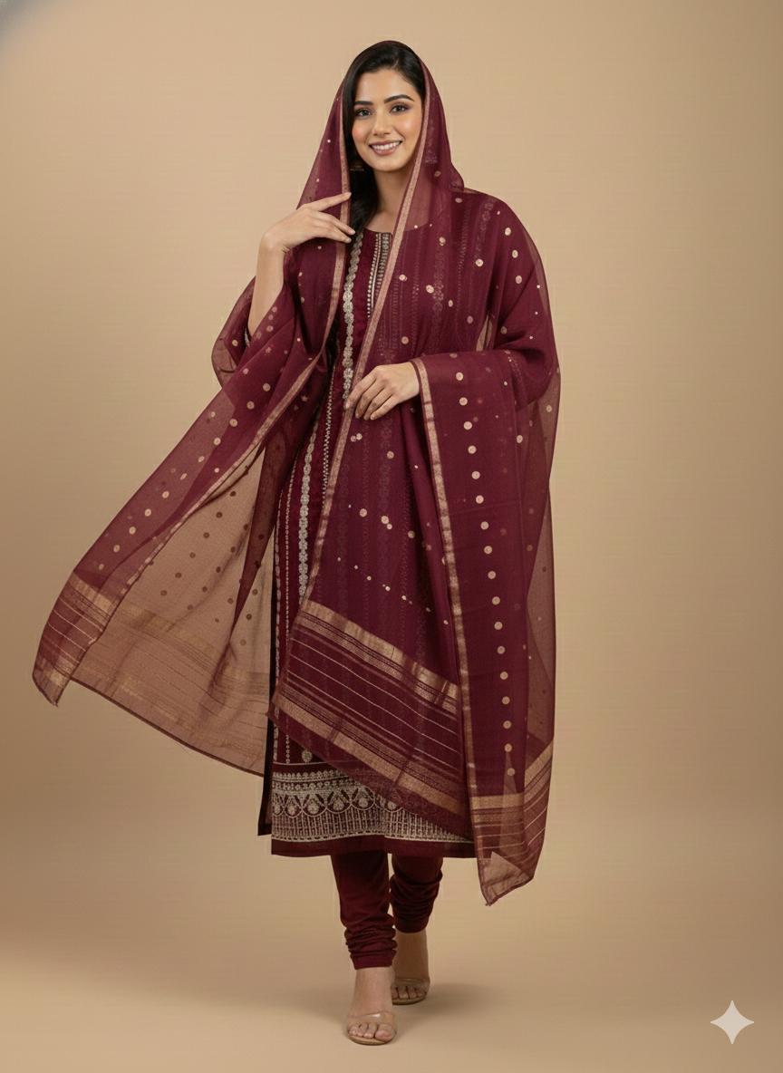 Elegant Maroon Embroidered Salwar Kameez Set with Gold Accents - M, L, XL & XXL Sizes Available