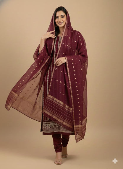 Elegant Maroon Embroidered Salwar Kameez Set with Gold Accents - M, L, XL & XXL Sizes Available