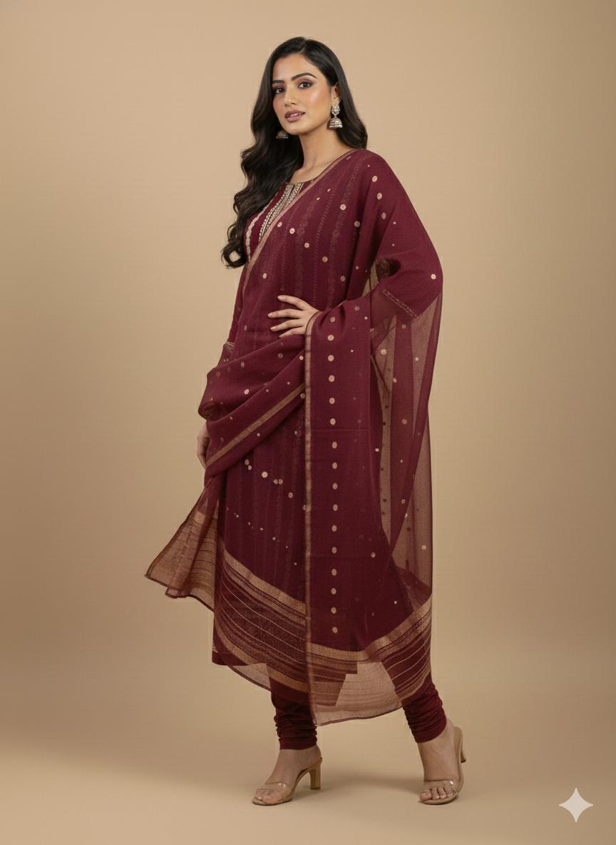 Elegant Maroon Embroidered Salwar Kameez Set with Gold Accents - M, L, XL & XXL Sizes Available