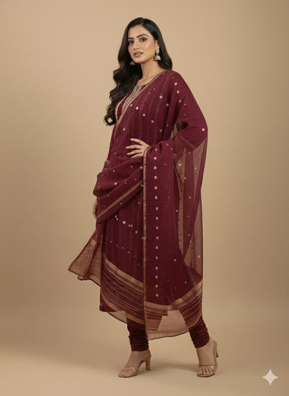 Elegant Maroon Embroidered Salwar Kameez Set with Gold Accents - M, L, XL & XXL Sizes Available