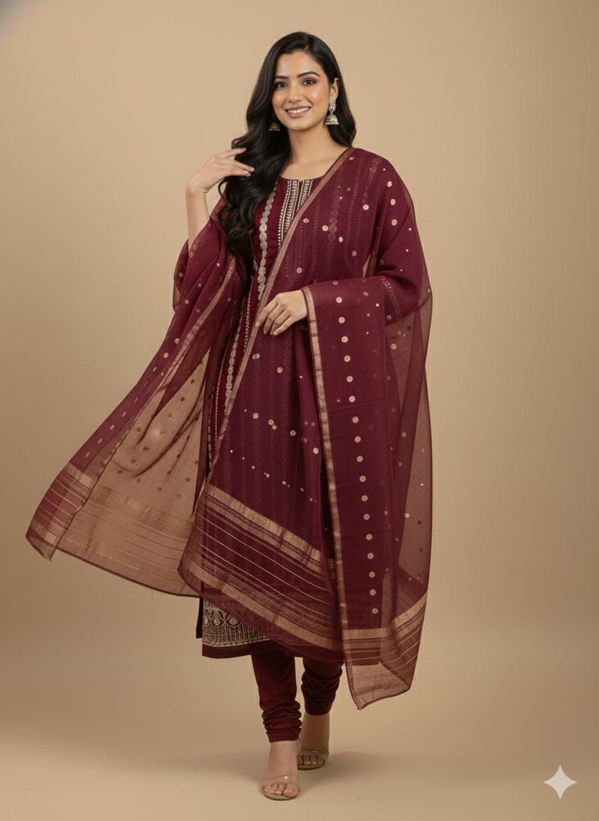 Elegant Maroon Embroidered Salwar Kameez Set with Gold Accents - M, L, XL & XXL Sizes Available