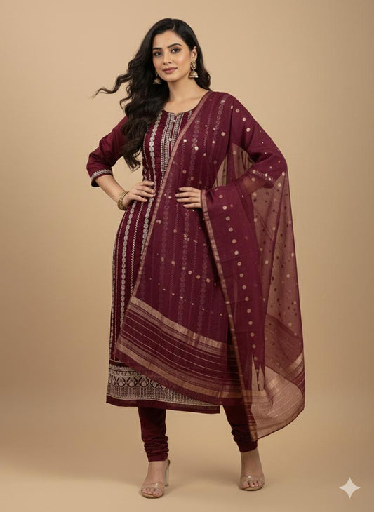 Elegant Maroon Embroidered Salwar Kameez Set with Gold Accents - M, L, XL & XXL Sizes Available