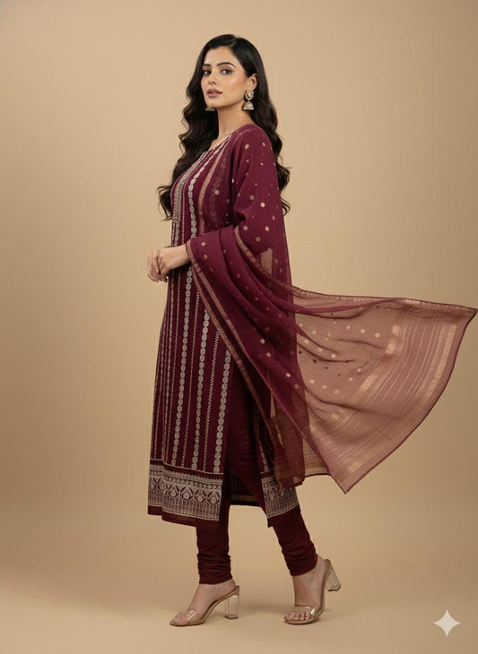 Elegant Maroon Embroidered Salwar Kameez Set with Gold Accents - M, L, XL & XXL Sizes Available