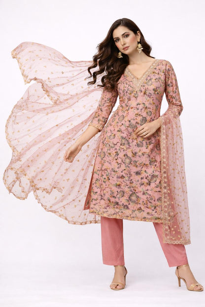 Dusty Rose Floral Printed Kurti Set with Embroidered Dupatta - M, L, XL , XXL Sizes Available
