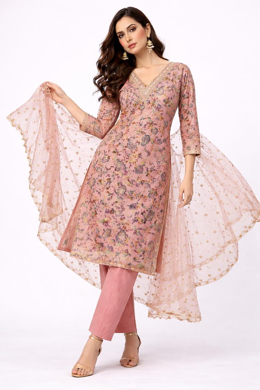 Dusty Rose Floral Printed Kurti Set with Embroidered Dupatta - M, L, XL , XXL Sizes Available