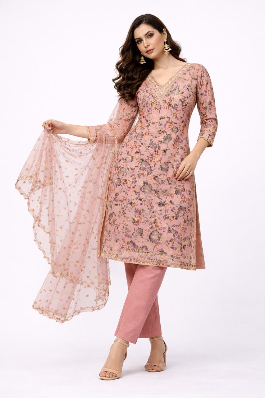 Dusty Rose Floral Printed Kurti Set with Embroidered Dupatta - M, L, XL , XXL Sizes Available