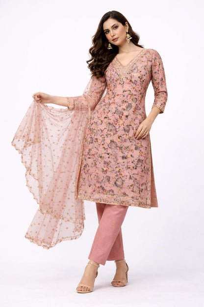 Dusty Rose Floral Printed Kurti Set with Embroidered Dupatta - M, L, XL , XXL Sizes Available