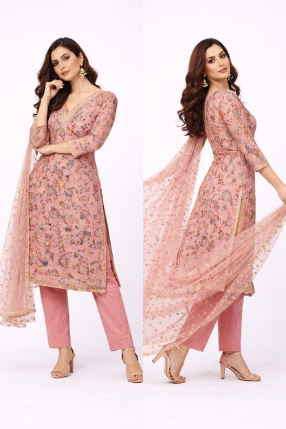 Dusty Rose Floral Printed Kurti Set with Embroidered Dupatta - M, L, XL , XXL Sizes Available