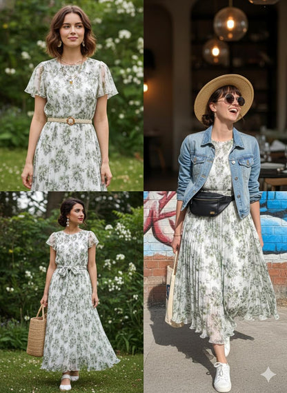 Flora Flutter-Sleeve Maxi Dress in Sage Green– L & XXL Sizes Available