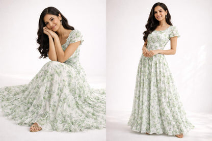 Flora Flutter-Sleeve Maxi Dress in Sage Green– L & XXL Sizes Available