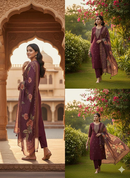 Regal Wine Embroidered Kurta Set with Floral Organza Dupatta – L XL & XXL Sizes Available