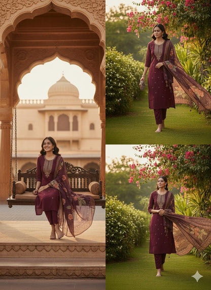 Regal Wine Embroidered Kurta Set with Floral Organza Dupatta – L XL & XXL Sizes Available