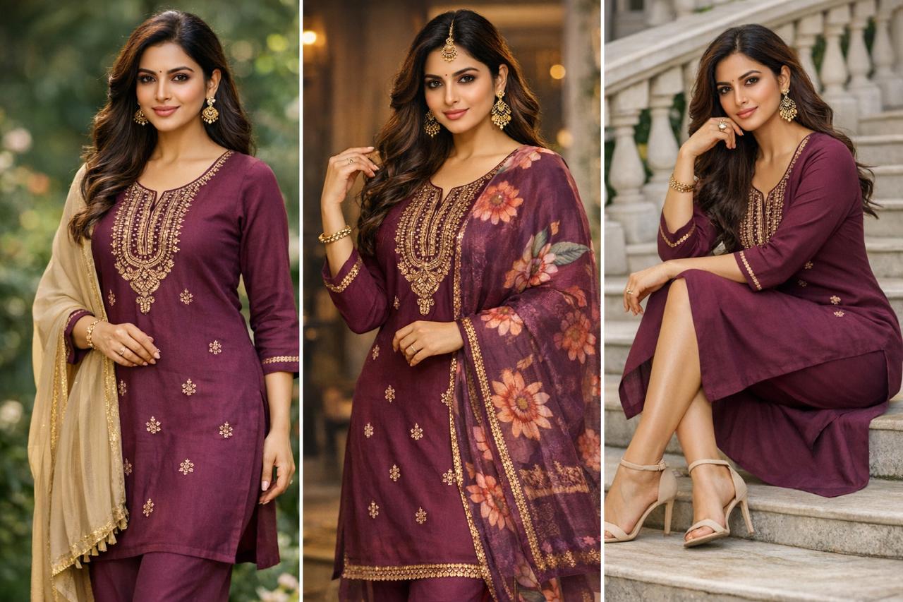 Regal Wine Embroidered Kurta Set with Floral Organza Dupatta – L XL & XXL Sizes Available