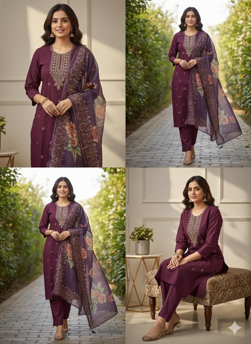 Regal Wine Embroidered Kurta Set with Floral Organza Dupatta – L XL & XXL Sizes Available