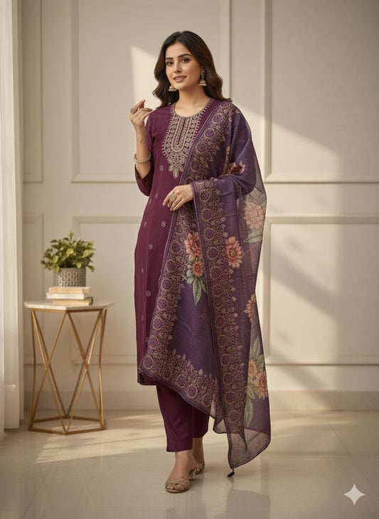 Regal Wine Embroidered Kurta Set with Floral Organza Dupatta – L XL & XXL Sizes Available