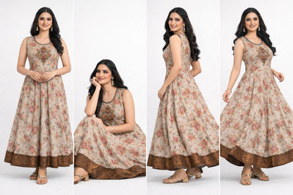 Vintage Bloom Kurti Top – Beige with Floral Charm - M , L , XL & XXL Sizes Available