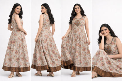 Vintage Bloom Kurti Top – Beige with Floral Charm - M , L , XL & XXL Sizes Available